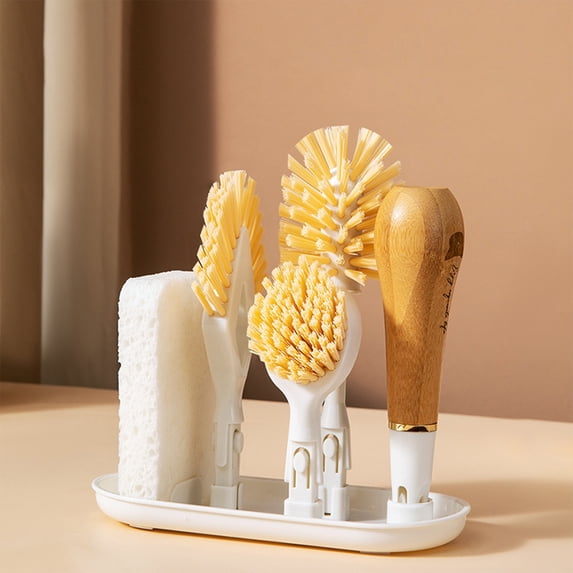 White Cleaning Brush Set of 5 with Holder, Kitchen Cleaning Supplies, Drainage Tank Design, Easys Storage, Suitable for Cleaning Dishes, Bottles,Pots & Sink