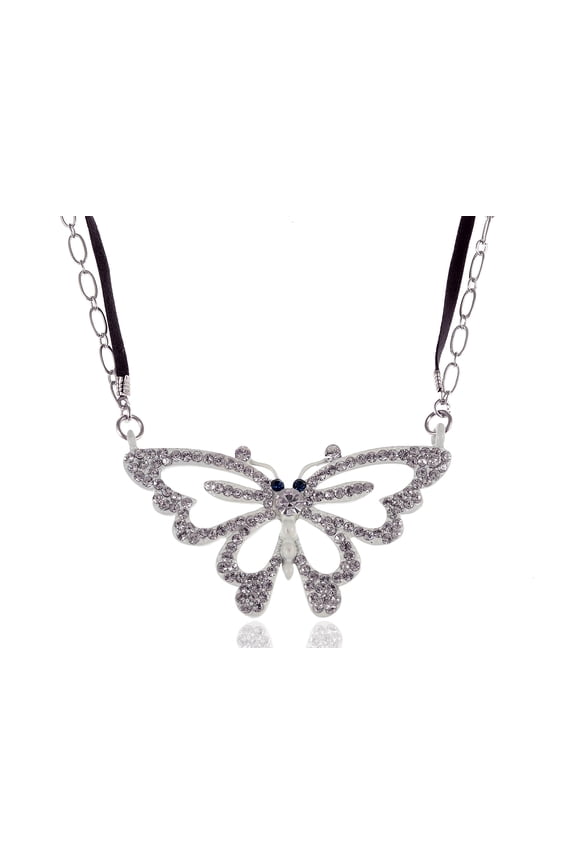 White Clear Crystal Rhinestone Butterfly Spread Wings Pendant Necklace