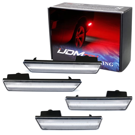 White/Clear Lens with Full LED Strip Built-in Side Marker Light Kit For 2008-2014 Dodge Challenger, Includes (2) Front Amber LED & (2) Rear Red LED