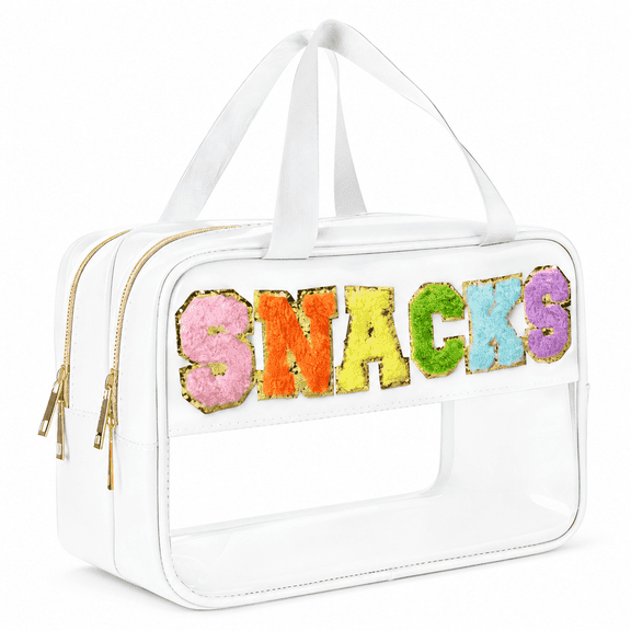 White Clear Snack Organizer Bag with Two Compartments, Chenille Letter Travel Storage Tote for Road Trips, Picnics and Family Outings