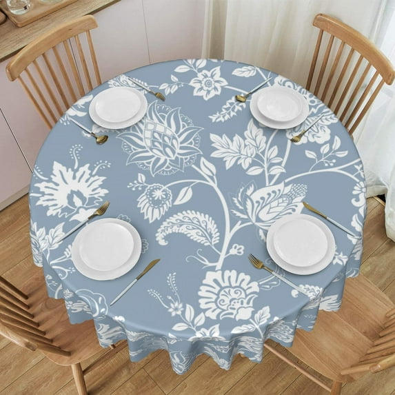 White Climbing Flowers Tablecloth 60 Inch Round Table Cover, Blue Background Waterproof Table Cloth Cover, Round Polyester Tablecloth for Outdoor Picnic Camping and Indoor Kitchen Dining Party