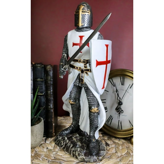 White Cloak Caped Medieval Crusader Swordsman Knight of Christ Figurine 11.5"H