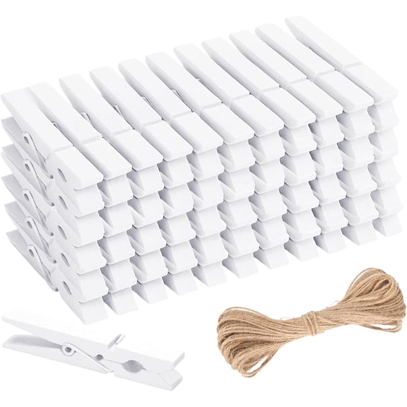 White Clothes Pins Wooden - Clothes Pins for Crafts 2.9 Inch,50 Pcs White Clothespins Clips with Jute String for Hanging Pictures,Photo Displays,Classroom Arts Crafts