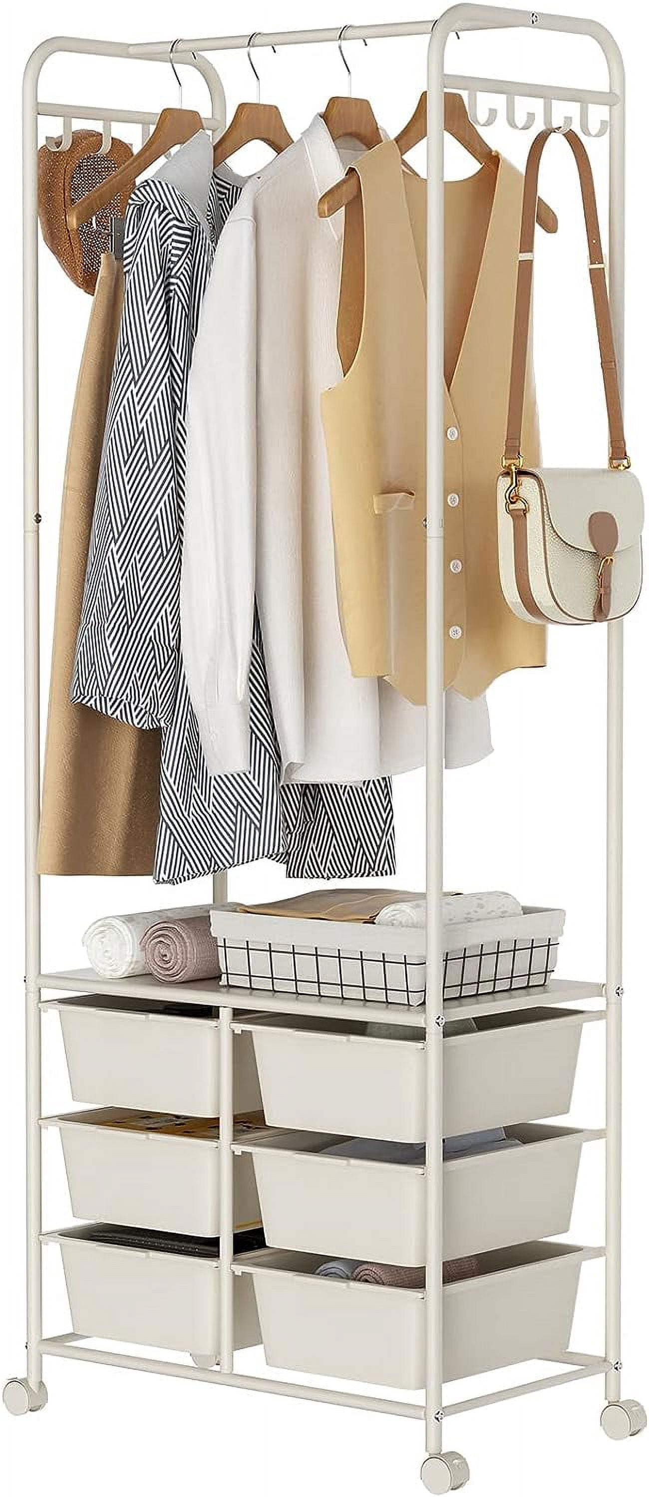 White Hanging Racking White Clothes Rack with 6 Drawers and 8 Side Hooks, Rolling Clothing ...