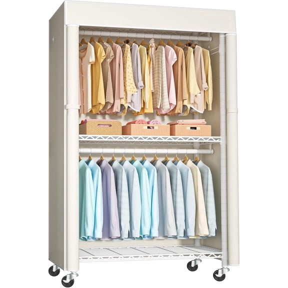 White Rolling Metal Garment Rack with Beige Dust Cover, Wheeled Mobile Clothing Storage Wardrobe 36.2"W Max Load 450 Lbs