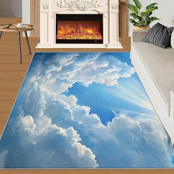 White Cloud Bedroom Area Rugs, Blue Sky Washable Rugs, Landscape Living Room Rug, Classroom Carpet Non Slip Stain Resistant 2 x 3ft