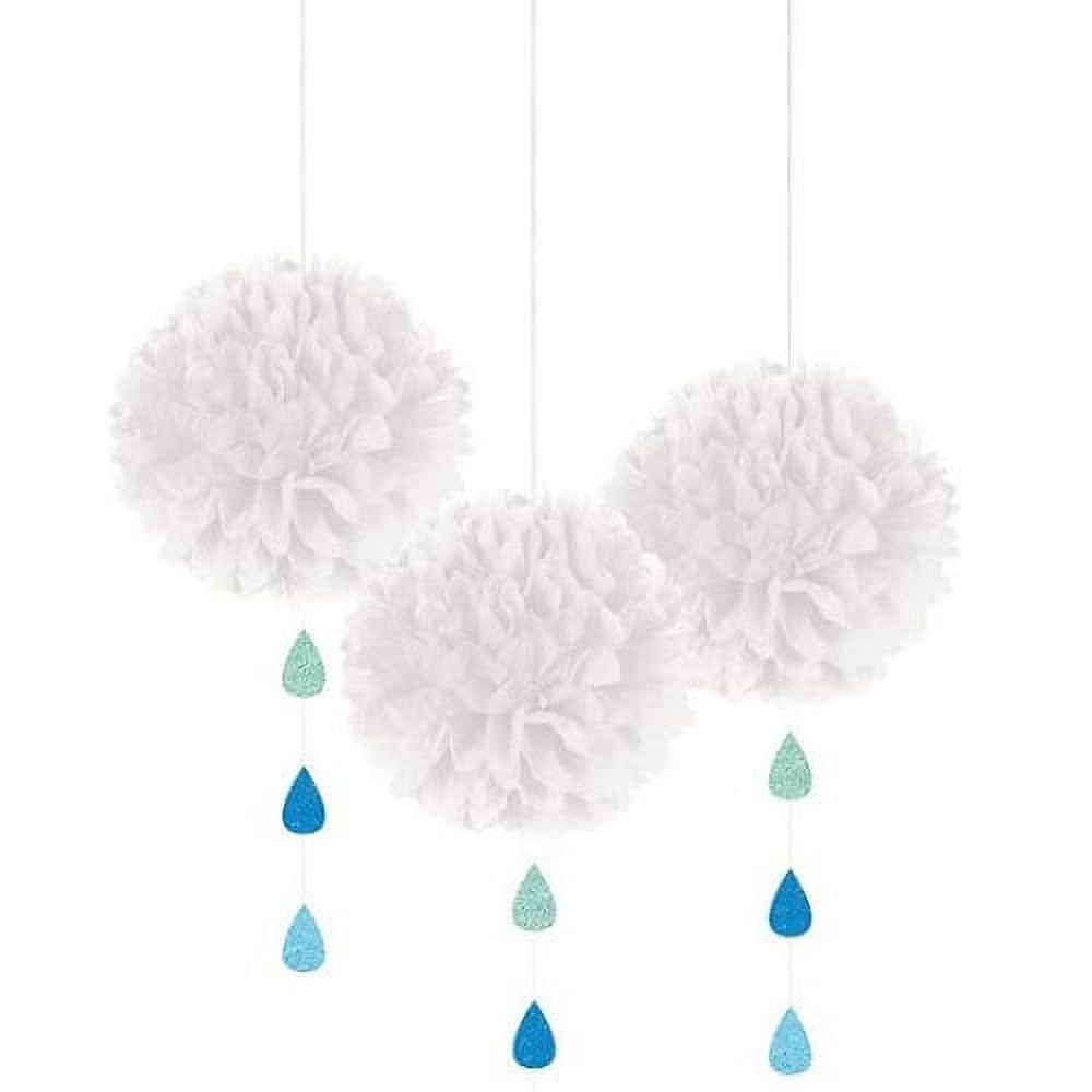 White Cloud Tissue PomPoms with Glitter Raindrops 3ct