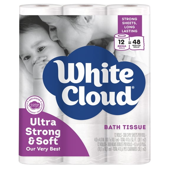 White Cloud Ultra Strong & Soft Toilet Paper, 12 Mega Rolls, Purple