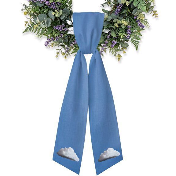 White Cloud Wreath Sash for Front Door, Abstract Sky Blue Minimalist Clouds Gray Shadow Satin Wreath Ribbon Bow Accessory Garland Home Decor for Doorway Porch Yard 4.5x56