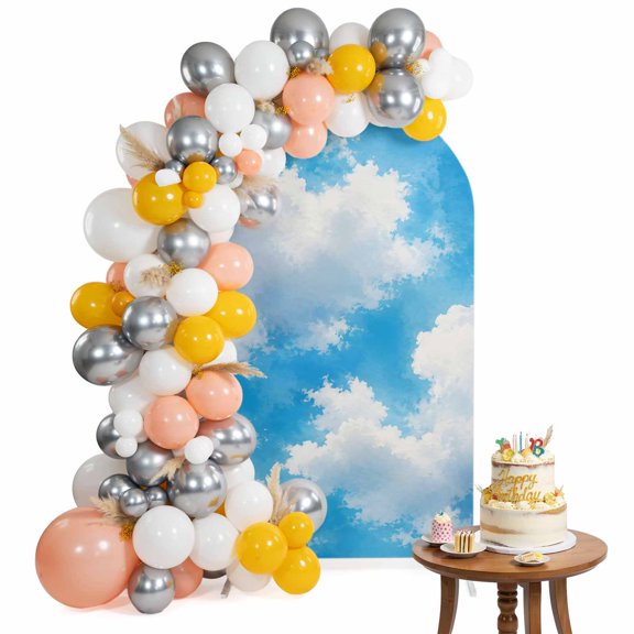 White Clouds Boho Arch Backdrop Cover 4 Ft Modern Minimalist Blue Cumulus Cloud Sky Spandex Fitted Stretchy Arch Cover, Round Top Chiara Backdrop Cover for Wedding Birthday
