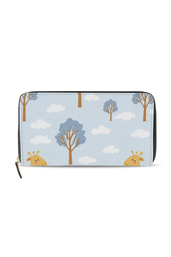 White Clouds Cute Giraffes and Trees Women's Long Zipper Wallet Bifold Clutch Purse PU Leather Card Cases