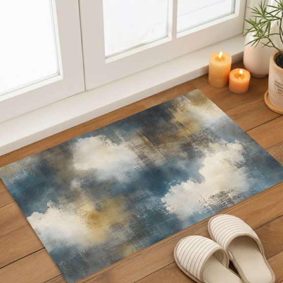 White Clouds Door Mat Vintage Abstract Clouds Blue Yellow Textured Backdrop Non Slip Absorbent Entrance Mat Washable Low Profile Indoor Doormat for Front Door Entryway Entry 16"x24"