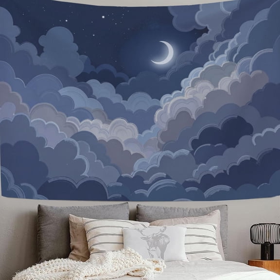 White Clouds Filled The Night Sky. Tapestry Wall Hanging Minimalist Style Tapestries Large Decorative Cloth for Living Room, Bedroom & Dorm Wall Decor 40L x 30W, Gray-Blue