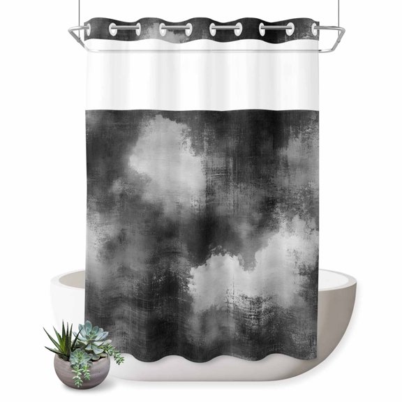 White Clouds No Hook Shower Curtain Vintage Abstract Clouds Ash Gray Textured Backdrop Shower Curtain with See Through Top Window, Waterproof Washable Fabric Curtain for Bathroom Hotel Decor, 72Wx96L
