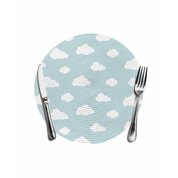 White Clouds Pattern Round Table Placemats 1 pc, Sky Blue Washable Woven Place Mats for Dining Tables Kitchen Party Decor,Heat Proof, 13in,