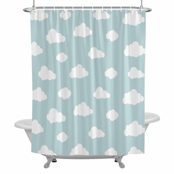 White Clouds Pattern Shower Curtain Set with Hooks, Sky Blue Waterproof Fabric Bathroom Curtains Decor Home Accessories,72 X 72 Inch Long
