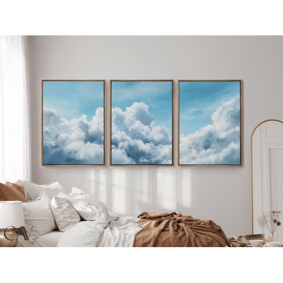 White Clouds Sky Poster Print Bedroom Rustic Country Landscape Painting Triptych Wall Art Giclee Set 3, Poster Only