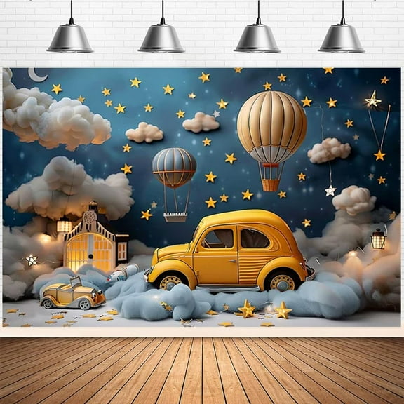 White Clouds Starry Night Sky Backdrop for Photography Hot Air Balloon Car Newborn Birthday Party Decoration Gold Stars 1st Birthday Background Newborn Baby Shower Cake Table Backdrop