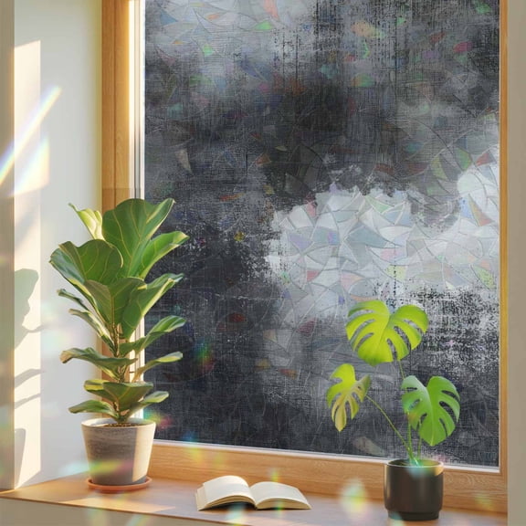 White Clouds Window Privacy Film, Vintage Abstract Clouds Ash Gray Textured Backdrop Stained Glass Rainbow Film Decorative Window Clings, Static Cling Sun Blocking Stickers 29.5" x 118"