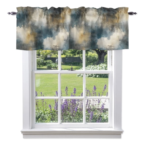 White Clouds Window Valance for Kitchen, Vintage Abstract Clouds Blue Yellow Textured Backdrop Rod Pocket Short Curtains for Bathroom Bedroom Window, Light Filtering Decorative Valances, 42x12 Inch