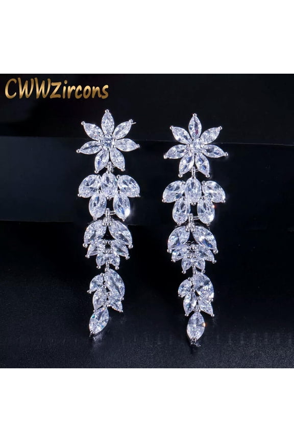 White Cluster Flower CZ Big Long Dangle Drop Earrings for Brides Wedding Banquet