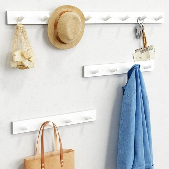 White Coat Hooks Wall Mount for Hanging 4 Pack, 16 Inch Wood Entryway Coat Rack Wall Mounted Heavy Duty, Modern Large Wall Hooks for Hats Kids Clothes Bags Purses Caps Closet - 16 Hooks