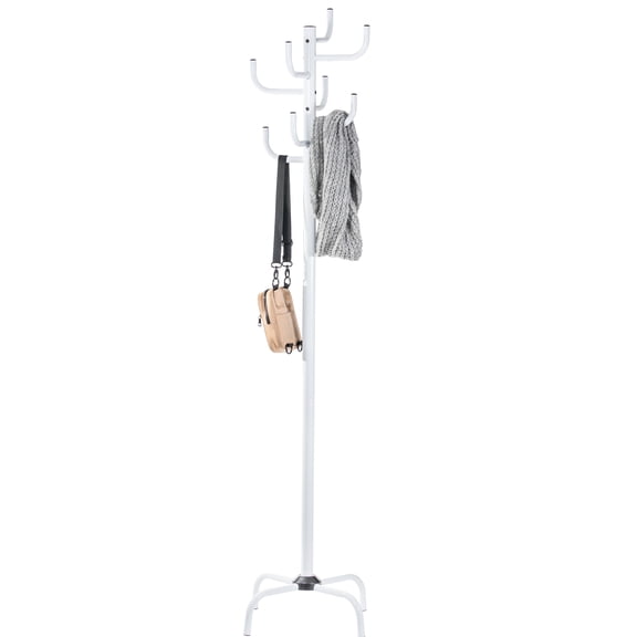 HAOG Home and Office Goods Modern Coat Rack, Freestanding, White Tubular Steel with 8 Hooks