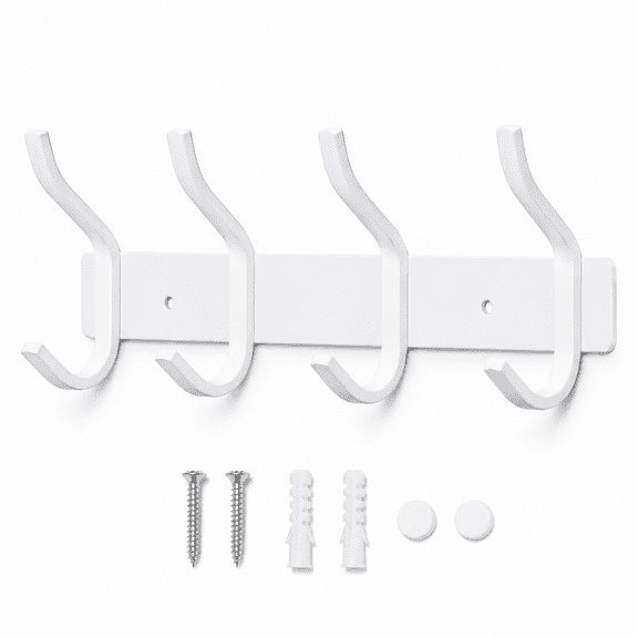 White Coat Rack Wall Mount, 12 Inch Coat Hooks with 4 Hooks, 1 Pack | Wall Hooks Heavy Duty for Entryway, Bathroom - for Hanging Backpack, Bag, Coat, Purse, Hat, Towel, Clothes, Keys