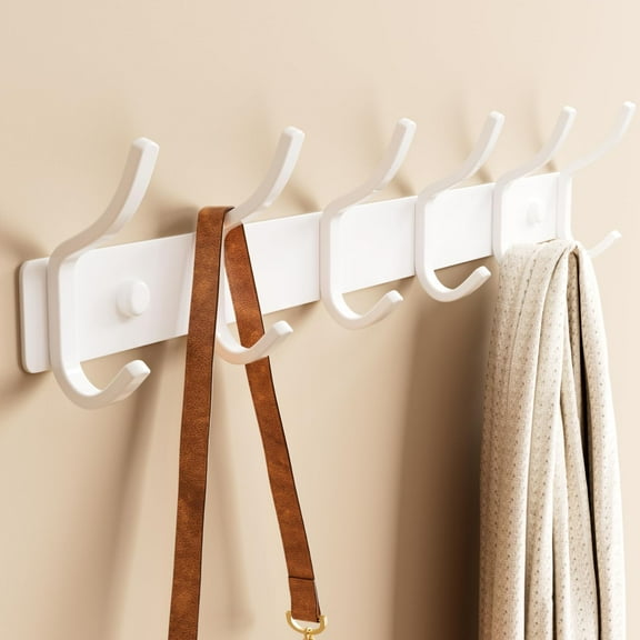15 Inch White Wall Coat Rack, 6 Hooks Arc Shaped for Hanging Jackets Towels Hats Bags, Space Saving Storage for Entryway Bathroom Livingroom Kitchen