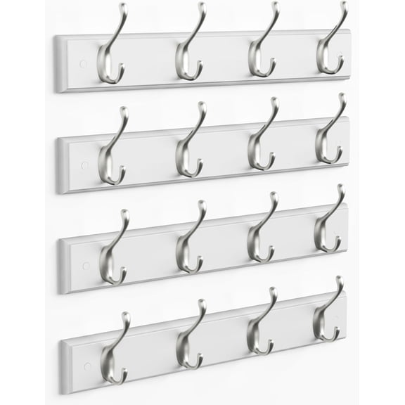 White Coat Rack Wall Mount 4-Pack, Coat Hanger Wall Mounted for Hanging Clothes Purse, Modern Key Holder Hooks for Closet Hat, Belt, Bag, Backpack, Leash (White and Silver - 16 Hooks)
