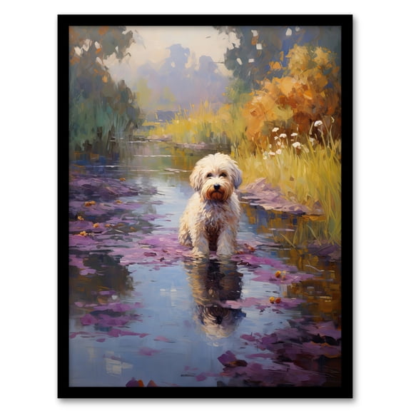White Cockapoo Dog And Purple Water Irises Claude Monet Style Oil Painting Art Print Framed Poster Wall Decor 12x16 inch