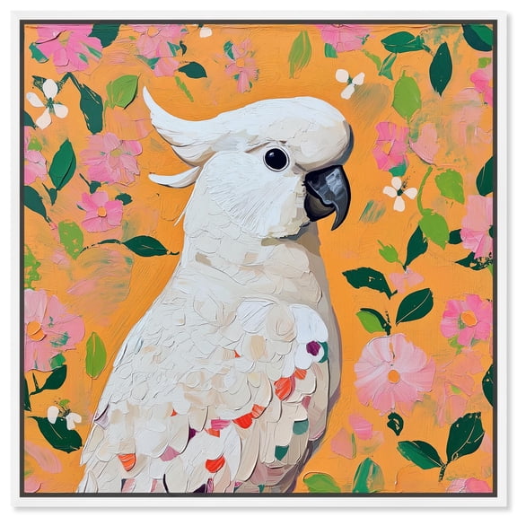 White Cockatoo II Canvas Tropical Floral Art by Art Remedy, White Frame, 12 x 12