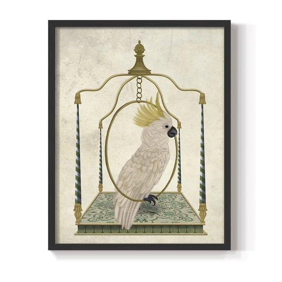 White Cockatoo on Swing Framed Print in Black Solid Wood 8 x 10 Framed Print