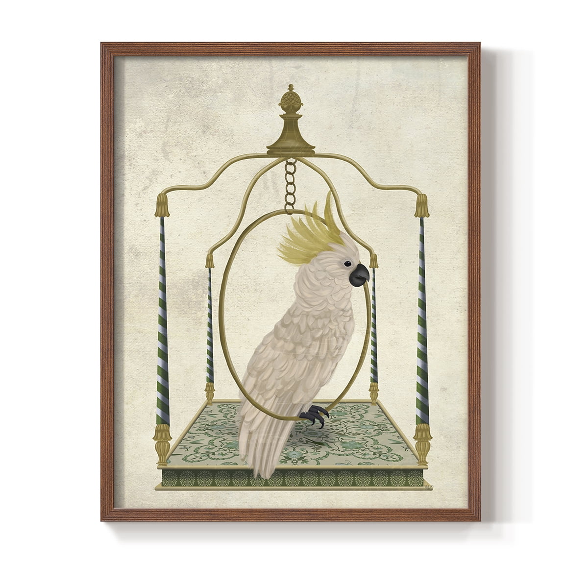 White Cockatoo on Swing Framed Print in Brown Solid Wood 11 x 14 Framed Print