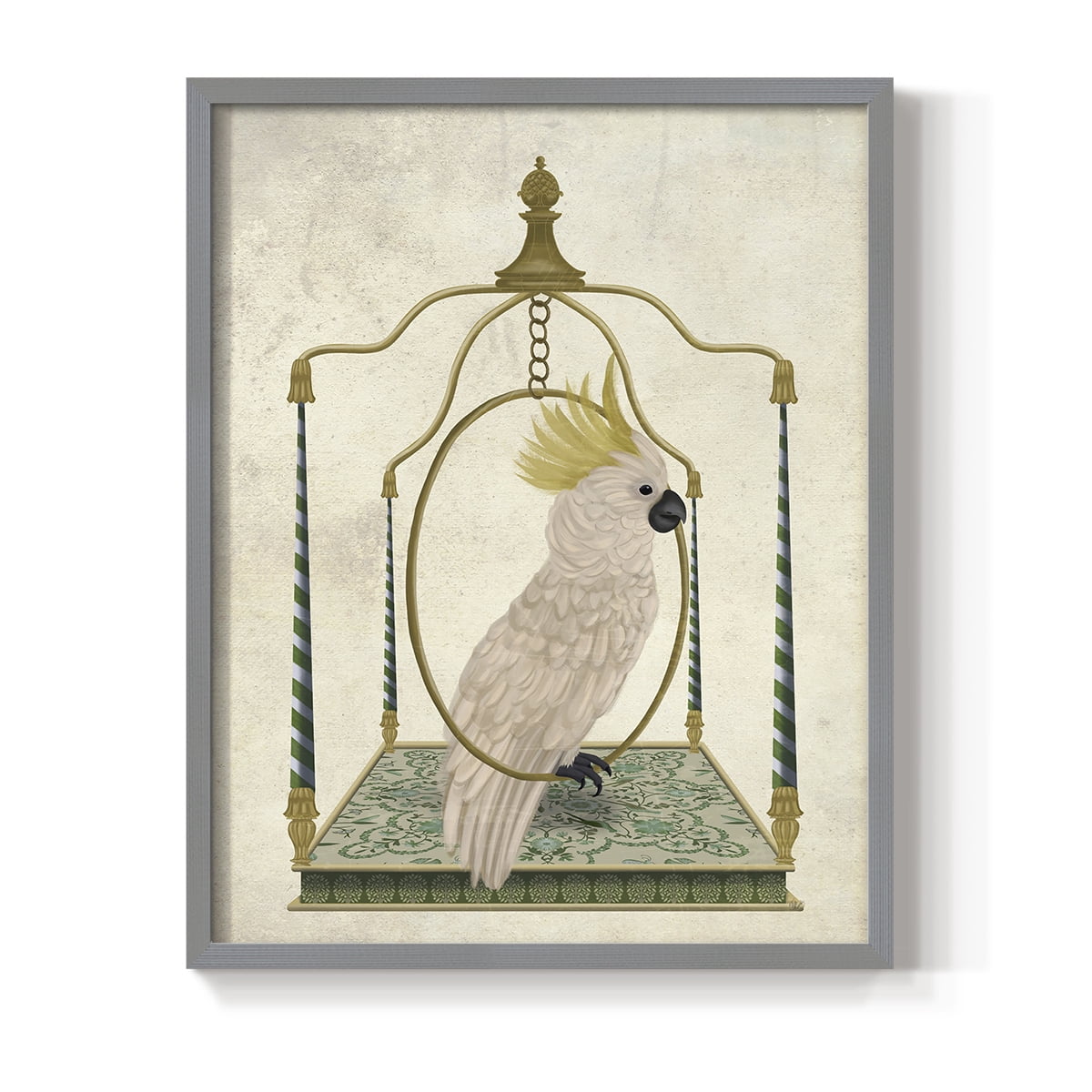 White Cockatoo on Swing Framed Print in Gray Solid Wood 11 x 14 Framed Print