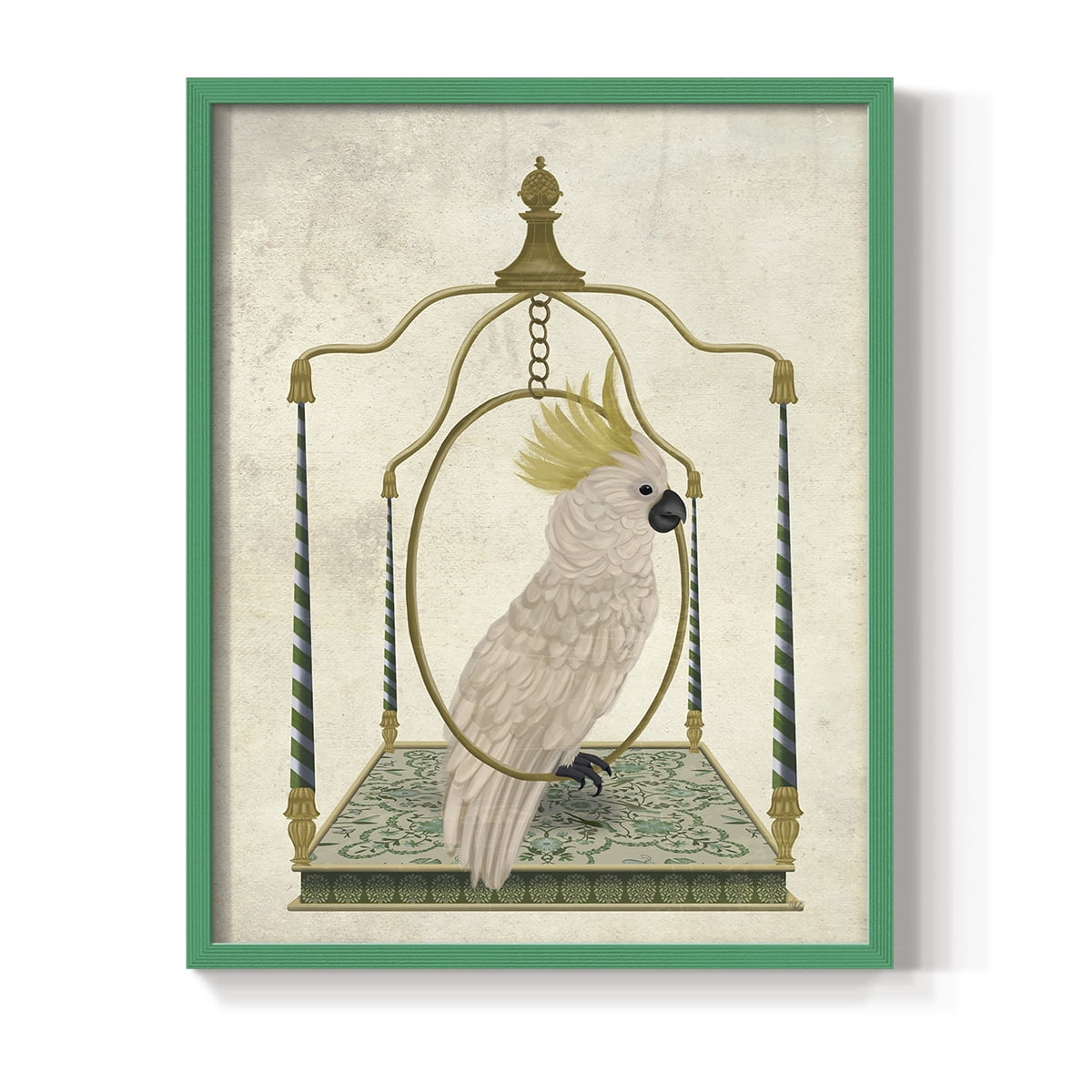 White Cockatoo on Swing Framed Print in Green Solid Wood 8 x 10 Framed Print