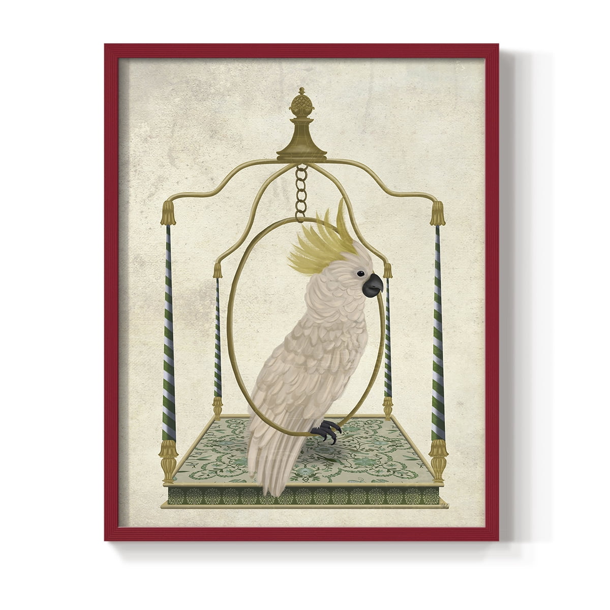 White Cockatoo on Swing Framed Print in Red Solid Wood 8 x 10 Framed Print