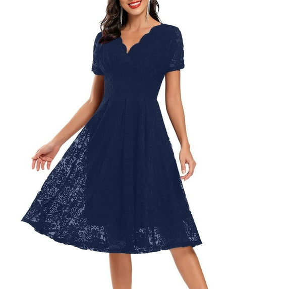 White Cocktail Dress For Women, Elegant V Neck Sheer Floral Lace Swing Formal Dress Wedding Guest Summer Party Casual Daily Cotton Mid-Length Bohemian Short Cocktail Dresses (XL, Navy) ZMTing