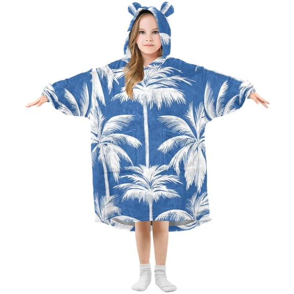White Coconut Tree Patterns Tropical Flannel Wearable Blankets Hooded Design Long Sleeves Wrap Unisex for 3T-14Y M