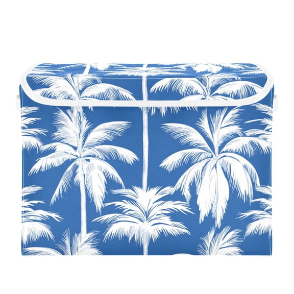 White Coconut Tree Patterns Tropical Foldable Storage Bin with Lid and Handle Collapsible Storage Box 16.5 x 12.6 x 11.8 inches