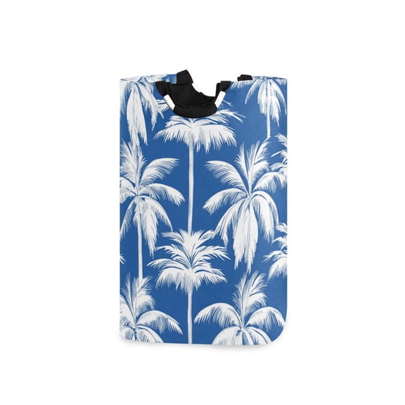 White Coconut Tree Patterns Tropical Laundry Basket with Handles Foldable Laundry Hamper Freestanding Washing Bin 50L