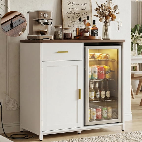 White Coffee Bar Cabinet with Built-in Power Station, Wood Top Buffet Sideboard with Mini Fridge Space, Adjustable Shelves, Wine Glass Rack and Drawer for Kitchen Dining Room Home Bar