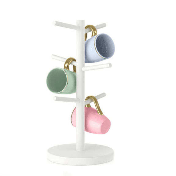 White Coffee Mug Tree, Updated Thick Bamboo Mug Holder Base,Coffee Cup Stand Mug Holders with 6 Hooks for Countertop Coffee Mug Rack Organizer Stand