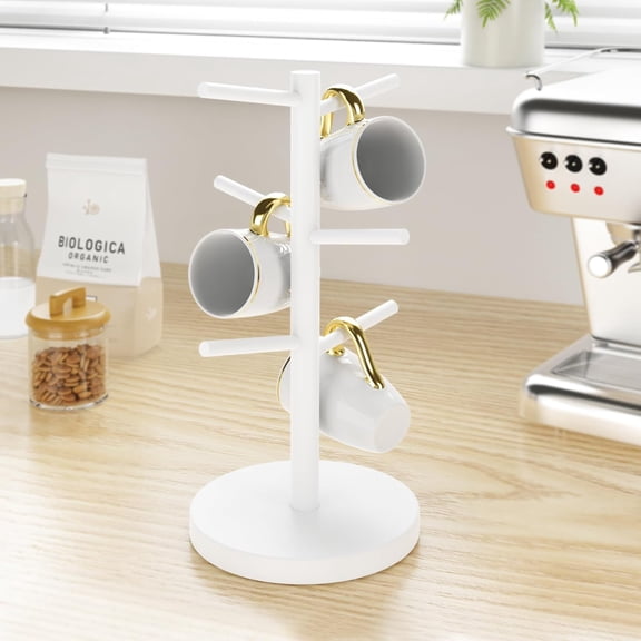 White Coffee Mug Tree, Updated Thick Bamboo Mug Holder Base,Coffee Cup Stand Mug Holders with 6 Hooks for Countertop Organizer Stand