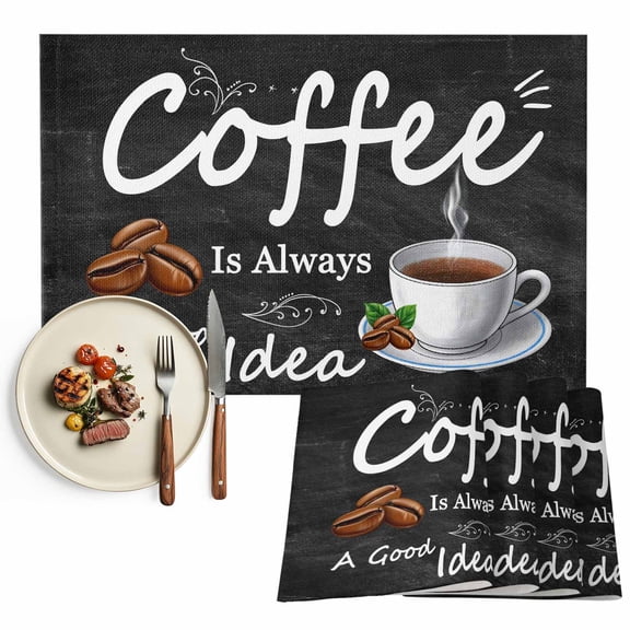 White Coffee Quotes Placemat of 1 PC, Coffee Cup Beans Lettering Table Mats Washable Heat-Insulation Non-Slip Place Mats for Kitchen Dinner Table Indoor Outdoor Decor,13x19 Inch