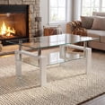 thumbnail image 1 of Glass Coffee Table with Lower Shelf, Holaki Modern Rectangular Tempered Glass Center Table with Metal Legs for Living Room, White, 1 of 8