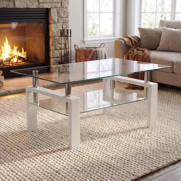 Glass Coffee Table with Lower Shelf, Holaki Modern Rectangular Tempered Glass Center Table with Metal Legs for Living Room, White