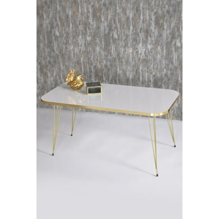 White Coffee Table with Gold 3-Rod Metal Legs,Modern Style Coffee Table with Gold Side Details,Modern Rectangular Coffee Table for Living Room,Accent Table,Entryway Table,Center Table for Living Room