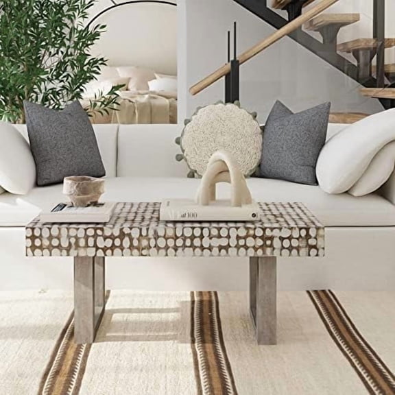 White Coffee Table  Handmade Accent Table with Coconut Shell Inlay, 40" Rectangular Wood Table for Living Room, Coastal Farmhouse or Boho Decor$$Furniture