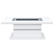 White Coffee Table. Modern Design With Glitter Accents. Construction, High Gloss Surface, Clear Glass Inserted. Rubber Wood, 52in Deep X 28in Wide 20in High, 112.2lb Heavyweight Table Glossy Surface